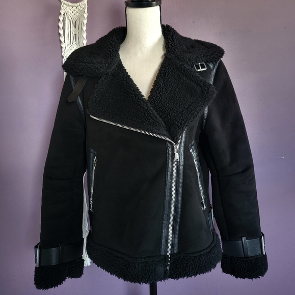 Zara Jackets & Blazers - Zara Black Faux Suede Sherpa Lined Oversized Buckle Aviator Bomber Jacket Coat
